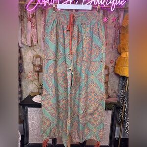 NWT BLUE Velvet Teal and Orange Wide Leg Pants w/pulls to make tighter